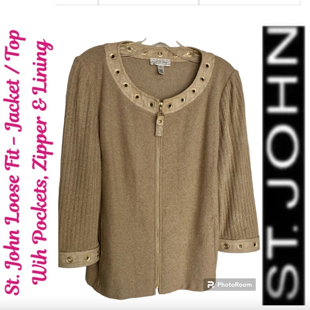 St. John Tan Loose Fit Jacket Or Top With Zipper - Pockets & Lining